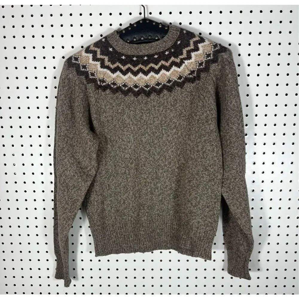 FRAME Fair Isle Wool Crew Sweater in Mushroom Heather Brown size S